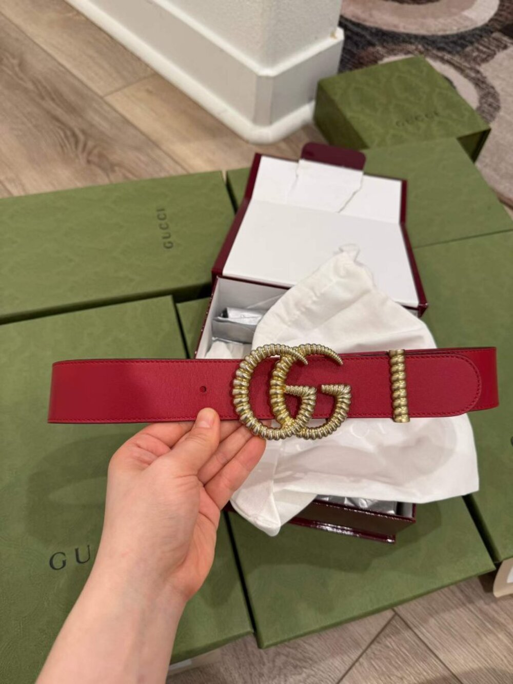 NEW Authentic Gucci Red Leather Belt with Torchon Double G Buckle